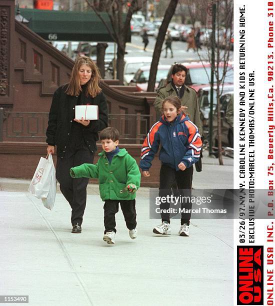 Caroline Kennedy and oldest daughter Rose and young son John returning home after picking lunch at a nearby resturant