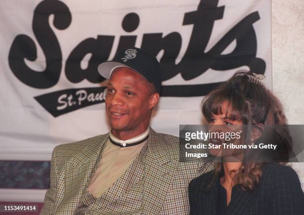 Darryl Strawberry and his wife Charisse at the news conference where it was announced that he had signed with the St.Paul Saints for the 1996 season.