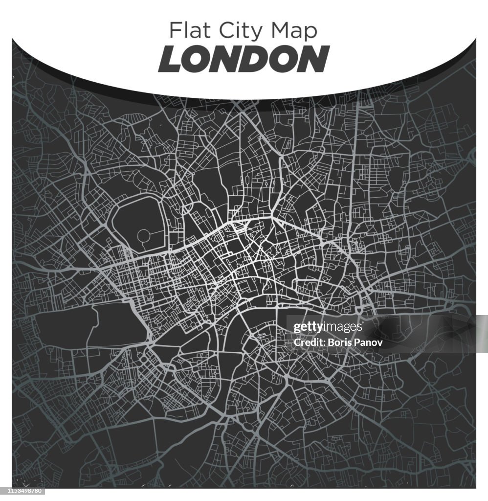 Bright Shiny Silver Street Map of Central London England on Dark Black Background