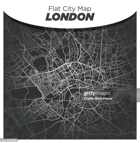 bright shiny silver street map of central london england on dark black background - notting hill stock illustrations