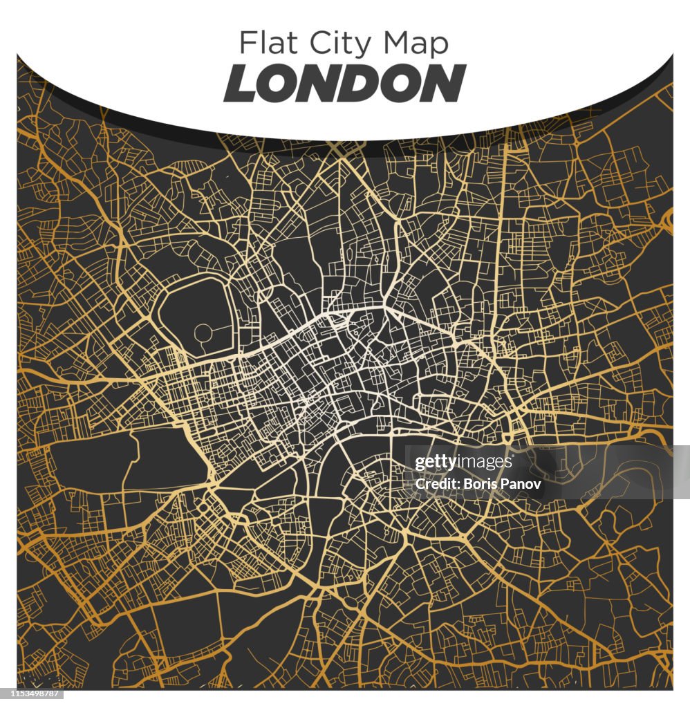 Bright Shiny Gold Map of Central London on Dark Black Background