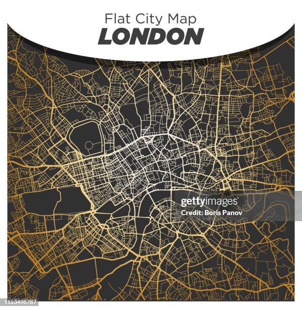 bright shiny gold map of central london on dark black background - notting hill stock illustrations