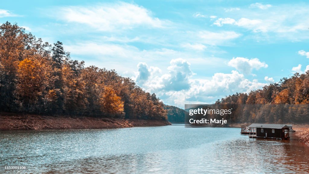 Mountain Lake with Boathouse - Autumn in The Appalachian Mountains