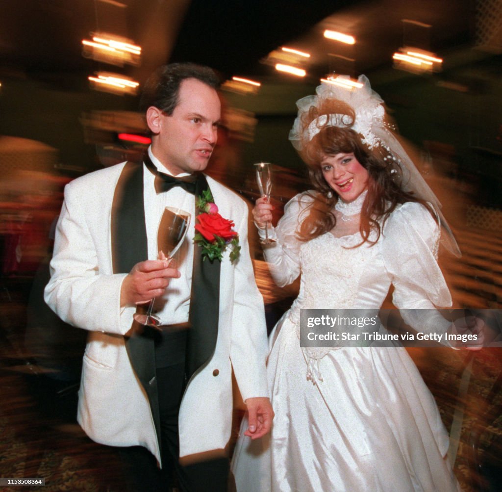 Tony Nunzio (played by Jim Cunningham) and his new wife, Tina Vitale (played by Jennifer Edwards) danced during their wedding reception. The Hey City Theatre production of "Tony and Tina's Wedding" features two complete stages recreating a wedding chapel
