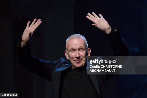 French fashion designer Jean Paul Gaultier acknowledges the audience at the end of his Women's Fall-Winter 2019/2020 Haute Couture collection fashion...