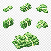 Bunches of money in cartoon 3d style. Set of different packs of dollar bills. Isometric green dollars, profit, investment and savings concept