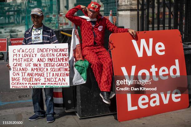 Pro Brexit protesters continue their presence outside the Houses of Parliament on July 3, 2019 in London, England. Boris Johnson and Jeremy Hunt are...