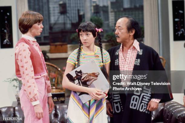 Susan Blanchard, June Angela, Pat Morita, wearing traditional Japanese kimono appearing in the ABC tv series 'Mr T and Tina'.