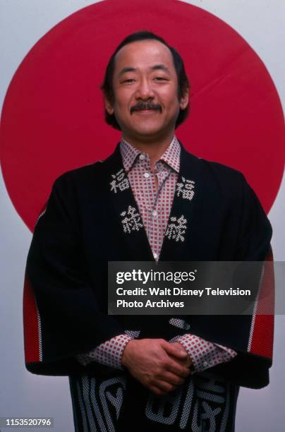 Pat Morita wearing traditional Japanese kimono, promotional photo for the ABC tv series 'Mr T and Tina'.