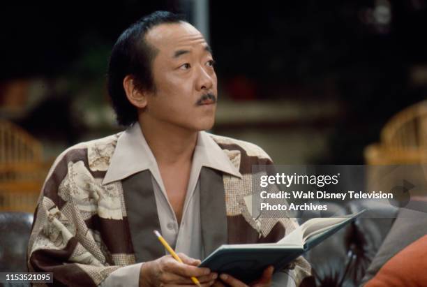 Pat Morita, wearing traditional Japanese kimono appearing in the ABC tv series 'Mr T and Tina'.
