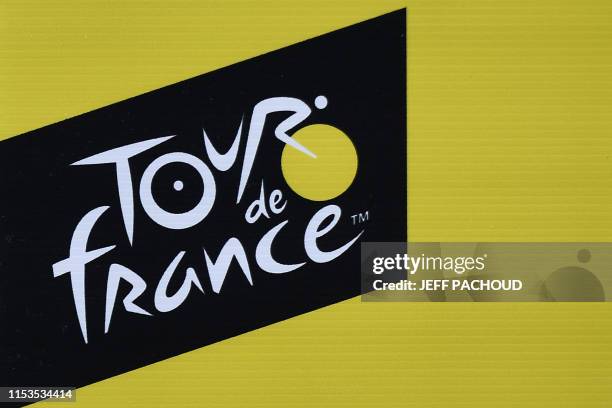 Picture taken on July 3, 2019 shows the logo of the Tour de France in Brussels centre, three days prior to the start of the 106th edition of the Tour...