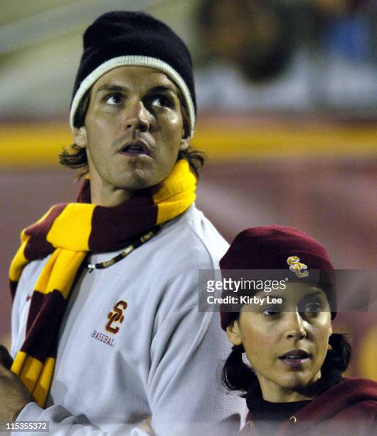 Alyssa Milano and Oakland Athletics pitcher and USC alumnus Barry Zito at USC football game against Arizona at the Los Angeles Memorial Coliseum on...