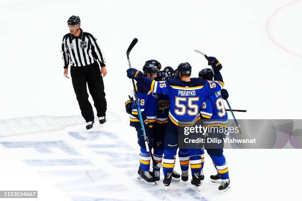 Brayden Schenn of the St. Louis Blues celebrates his empty-net goal in the third period at 18:31 against the Boston Bruins in Game Four of the 2019...