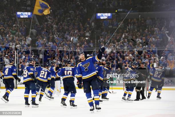 Colton Parayko of the St. Louis Blues celebrates after defeating the Boston Bruins 4-2 in Game Four of the 2019 NHL Stanley Cup Final at Enterprise...