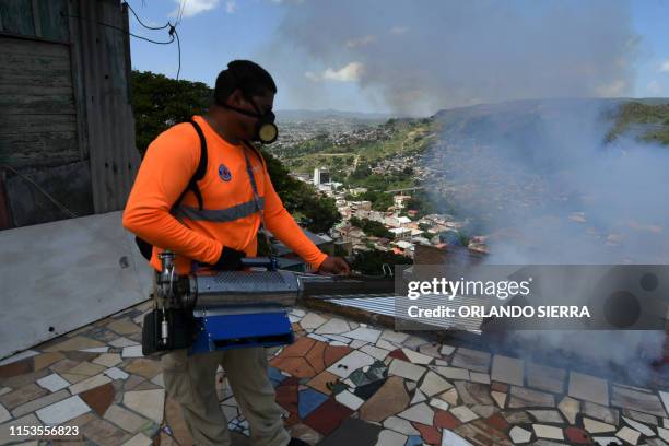 An employee of the Honduran Secretariat of Health takes part in a fumigation operation to combat Aedes aegypti, vector of the dengue fever in...