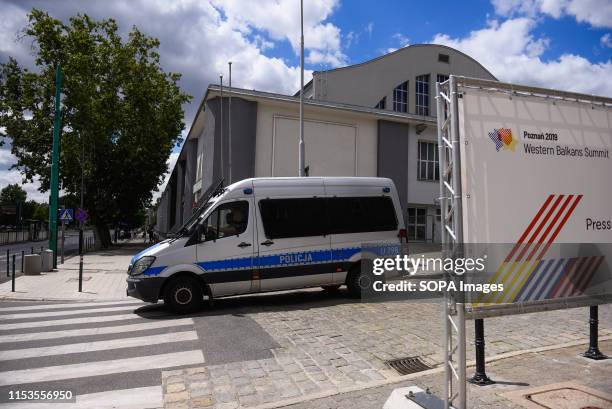 Police van exits from the Poznan International Fair ahead of the EU - Western Balkan summit. Heads of government, foreign ministers and the ministers...