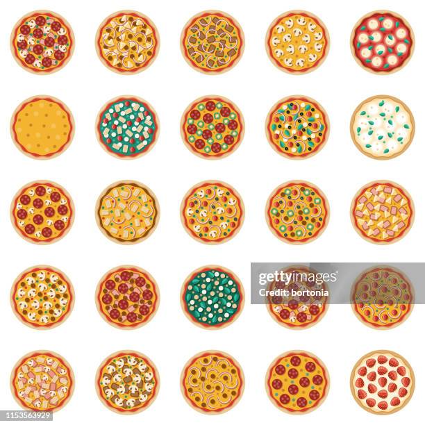 illustrazioni stock, clip art, cartoni animati e icone di tendenza di set di icone condimenti per pizza - cucina greca