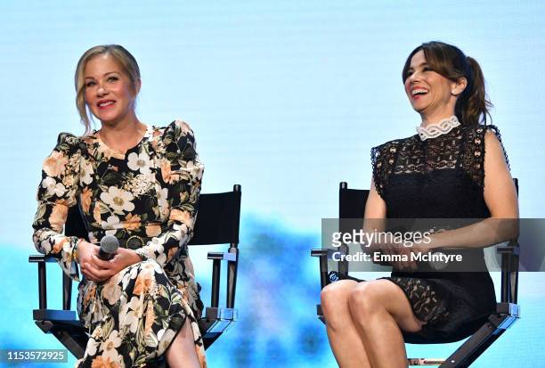 Christina Applegate and Linda Cardellini speak onstage at Netflix FYSEE "Dead To Me" at Raleigh Studios on June 03, 2019 in Los Angeles, California.