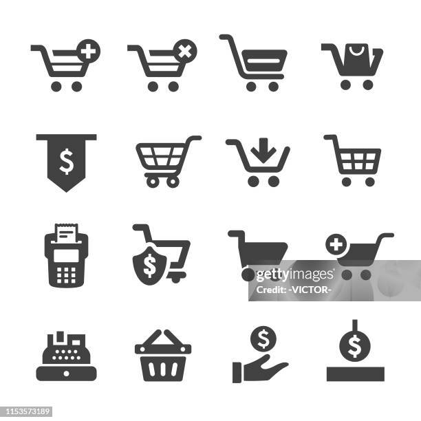 illustrazioni stock, clip art, cartoni animati e icone di tendenza di icone carrello della spesa e cassiere - serie acme - shopping icon