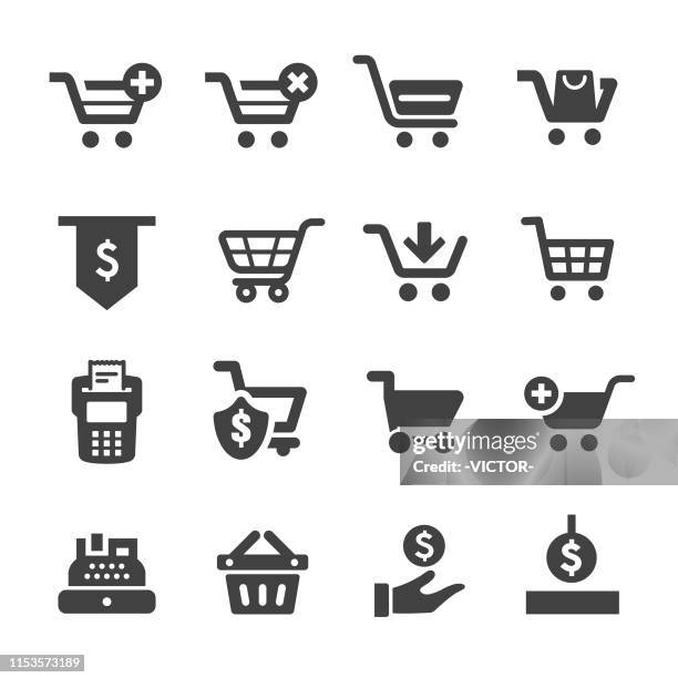 stockillustraties, clipart, cartoons en iconen met winkelwagentje en kassier iconen-acme series - shopping cart groceries