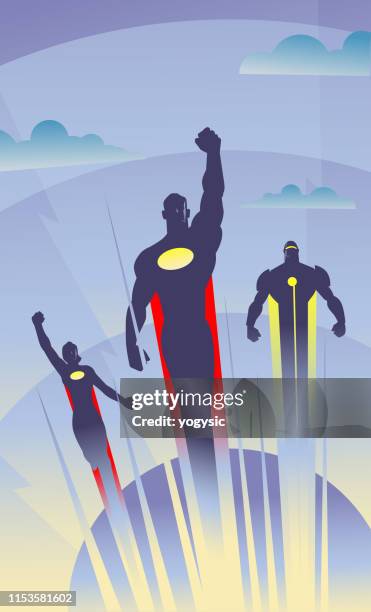 ilustrações de stock, clip art, desenhos animados e ícones de vector art deco style flying superheroes illustration - super herói