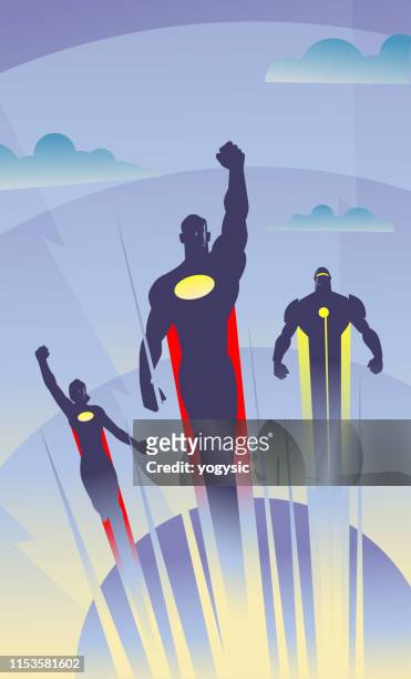 vector art deco style flying superheroes illustration - superhero flying stock illustrations