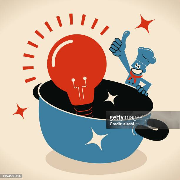 illustrazioni stock, clip art, cartoni animati e icone di tendenza di chef sorridente felice con una grande pentola e una lampadina di grande idea - stew pot