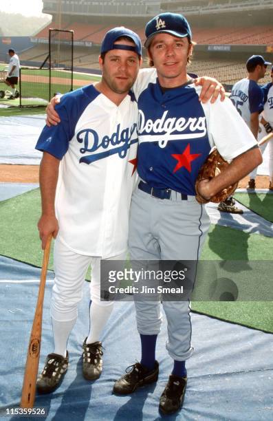 Sean Astin and Mackenzie Astin during 2001 Hollywood All Stars Baseball Game at Dodgers Stadium in Los Angeles, California, United States.
