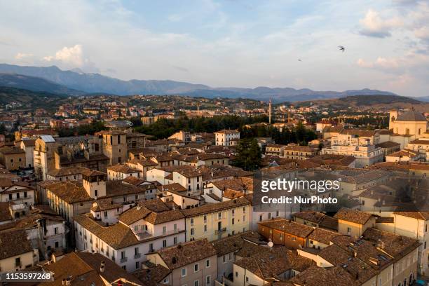 Drone view of historic centre of L'Aquila, Italy, on July 4, 2019.An earthquake of 5.8 on the Richter magnitude scale hit L'Aquila and surrounding...