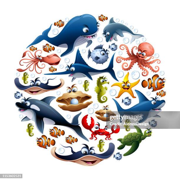 ilustrações, clipart, desenhos animados e ícones de colagem da vida de mar - gamba – marisco