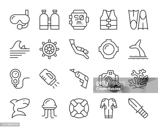 illustrations, cliparts, dessins animés et icônes de plongée sous-marine et snorkeling-icônes de ligne légère - plongée avec tuba