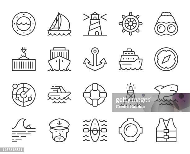 nautical und harbor-light line icons - yachthafen stock-grafiken, -clipart, -cartoons und -symbole