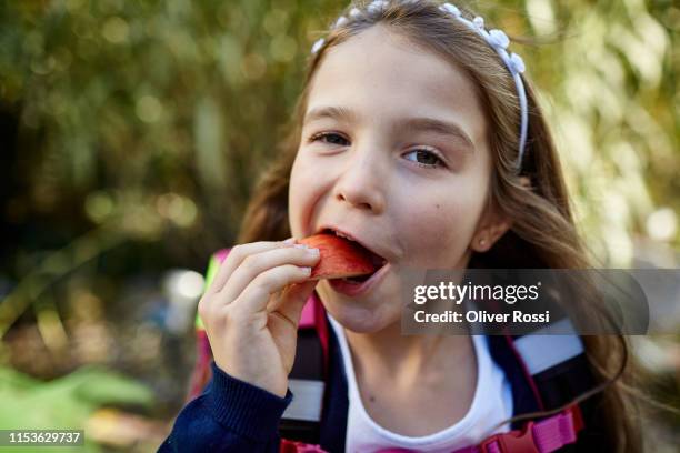 portrait of little girl eating an apple chunk outdoors - apple slice stock-fotos und bilder