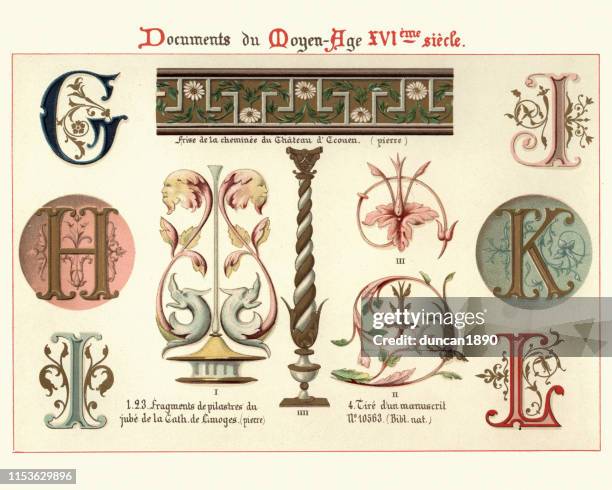 illuminated manuscript letters and design elements, 16th century - renaissance pattern stock illustrations