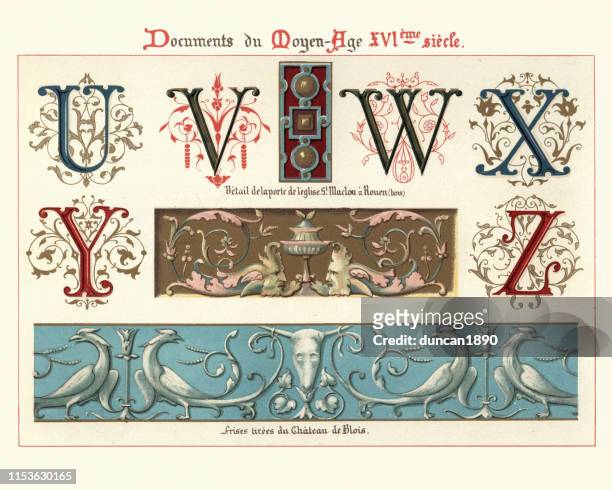 ornate illuminated manuscript letters and design elements, 16th century - medieval illuminated letter stock illustrations