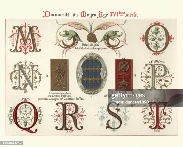 ilustrações de stock, clip art, desenhos animados e ícones de ornate illuminated manuscript letters and design elements, 16th century - antiguidades