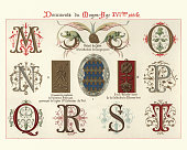 Ornate Illuminated manuscript letters and design elements, 16th Century