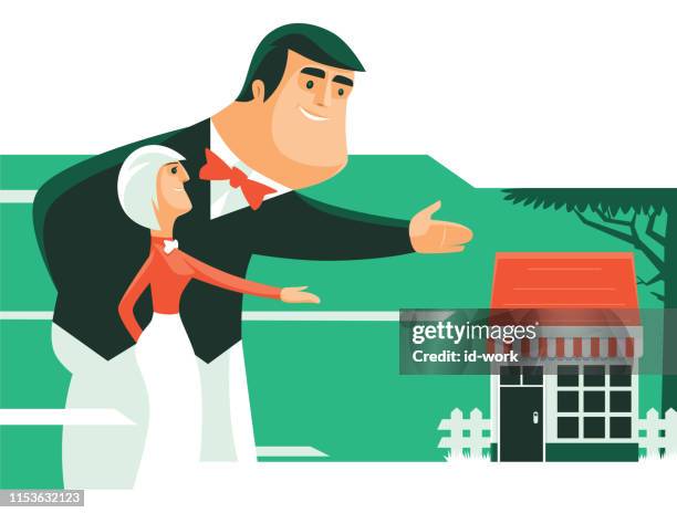 cheerful waitress and waiter presenting - restaurant-waiter-uniform stock illustrations