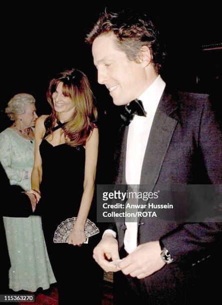 Hugh Grant and Jemima Khan meet the Queen at a banquet to honour the President of the Italian Republic and his wife Signora Ciampi during their state...