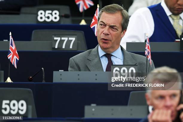 Former UK Independence Party leader, Brexit campaigner and member of the European Parliament Nigel Farage attends a debate on the conclusions of the...