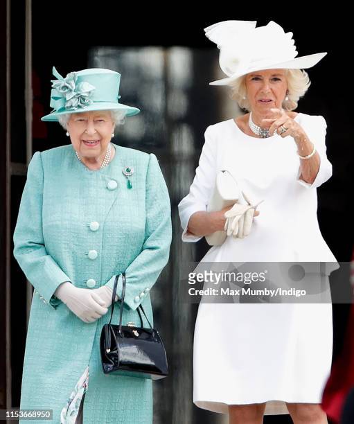 Queen Elizabeth II and Camilla, Duchess of Cornwall attend the Ceremonial Welcome in the Buckingham Palace Garden for President Trump during day 1 of...