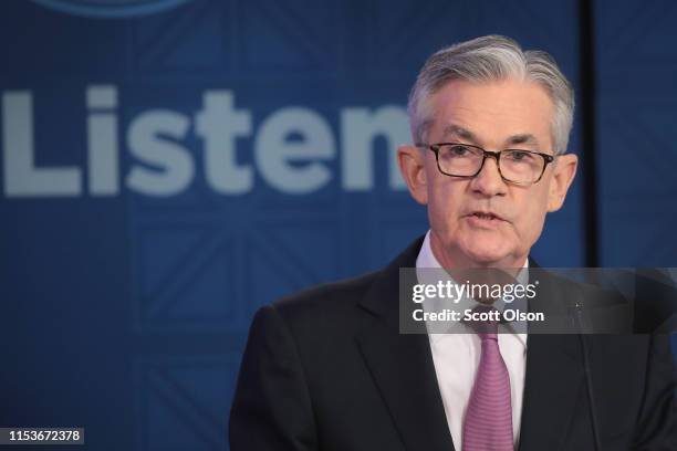 Jerome Powell, Chair, Board of Governors of the Federal Reserve speaks during a conference at the Federal Reserve Bank of Chicago on June 04, 2019 in...