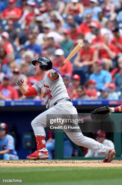 Jedd Gyorko of the St. Louis Cardinals bats against the Philadelphia Phillies at Citizens Bank Park on May 30, 2019 in Philadelphia, Pennsylvania.