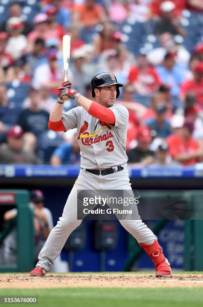 Jedd Gyorko of the St. Louis Cardinals bats against the Philadelphia Phillies at Citizens Bank Park on May 30, 2019 in Philadelphia, Pennsylvania.