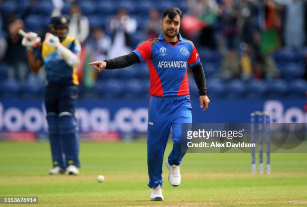 Rashid Khan of Afghanistan celebrates taking the wicket of Nuwan Pradeep of Sri Lanka during the Group Stage match of the ICC Cricket World Cup 2019...