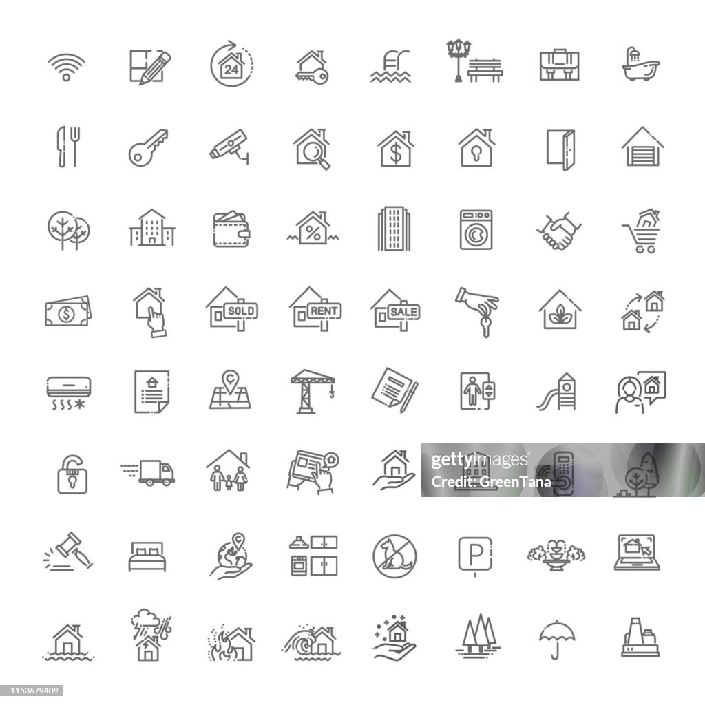 Vector reeks van onroerende goederen verwante vector lijn pictogrammen