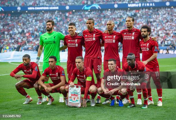 The Liverpool team line up before the UEFA Champions League Final between Tottenham Hotspur and Liverpool at Estadio Wanda Metropolitano on June 1,...
