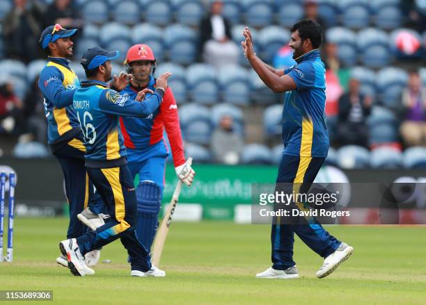 Thisara Perera of Sri Lanka celebrates after bowling Mohammad Nabi during the Group Stage match of the ICC Cricket World Cup 2019 between Afghanistan...