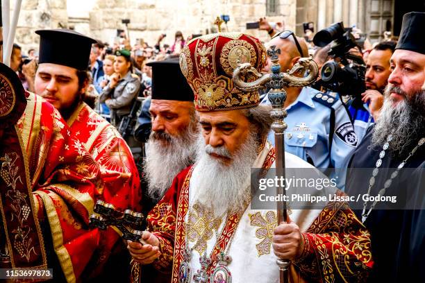 greek orthodox easter thursday celebration outside the holy sepulcher in jerusalem, israel. - maundy thursday stock pictures, royalty-free photos & images