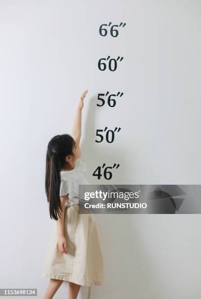 girl raising hand against height chart - asian kid raising hand bildbanksfoton och bilder